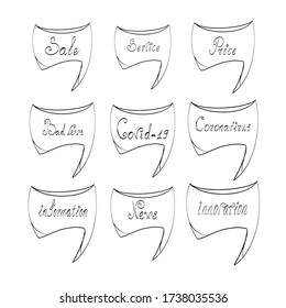 Vector cloud banner with text. Thoughts and words above the character’s head. Different shapes and text, transparent outline mode isolated