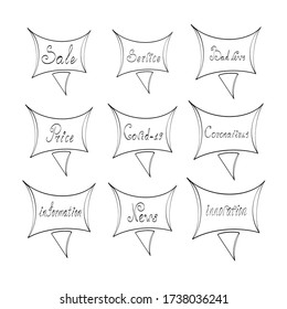 Vector cloud banner with text. Thoughts and words above the character’s head. Different shapes and text, transparent outline mode isolated