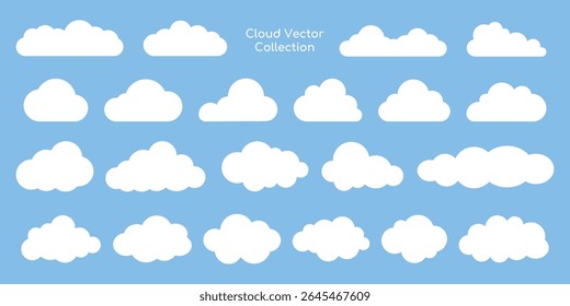 Vector cloud collection with various cloud shapes. White clouds on a blue background. Perfect for cloud-themed designs. Cloud vectors for creative projects. Weather illustration, vector set.