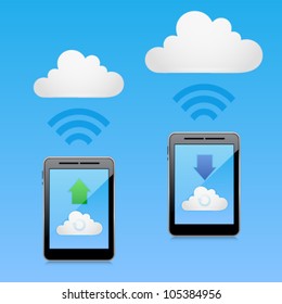 Vector cloud computing concept with tablet PC downloading and uploading data. Image contains transparency in reflection - you can put them on every surface. 10 EPS