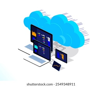 Ilustración conceptual isométrica de computación en la nube de Vector. Tecnologías modernas de la nube o ilustración isométrica 3D del centro de datos con el ordenador portátil y la tableta para el Diseño web, infografía o presentación	