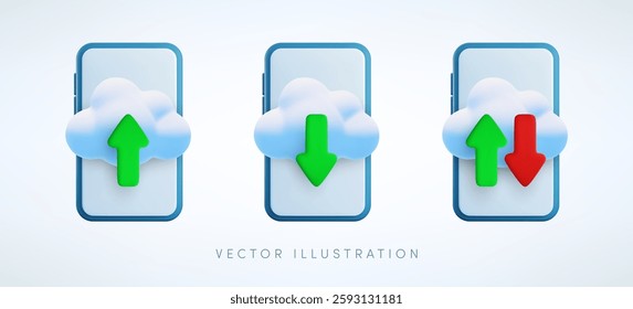 Vector cloud computing technology for smartphone cartoon 3d icon set. Mobile phone, cloud, upload and download arrows. Mobile data storage, cloud online service concept, server synchronization.