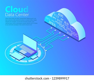 Vector of cloud data center, cloud computing technology, isometric design, network configuration.