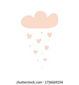Nube vectorial con corazones que llueven al estilo de dibujos animados escandinavos en color rosa para los niños. Ilustración dibujada a mano para afiches, impresiones, tarjetas, tela, libros infantiles, diseño interior.