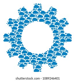Vector cloud icons are arranged into gear wheel composition. Industrial design concept constructed of cloud elements.