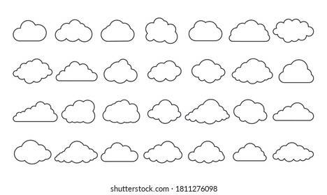 Vector cloud icons. Editable stroke. Set of 28 sign line art. Meteorology weather forecast interface element, information cloud storage database. Internet communication network saving data.