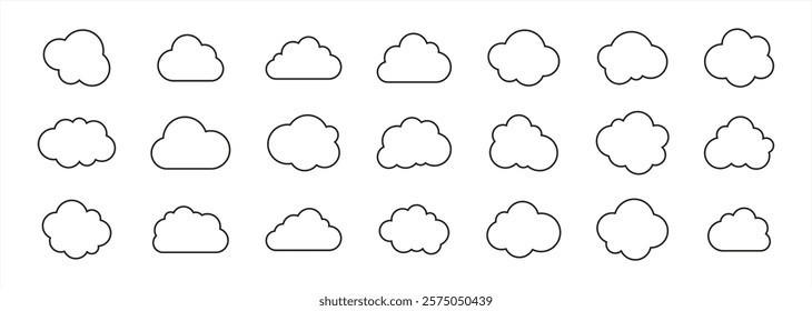 Vector cloud icons. Editable stroke thin line set. Natural weather symbol of rain, cloud services, hosting. Vector illustration.