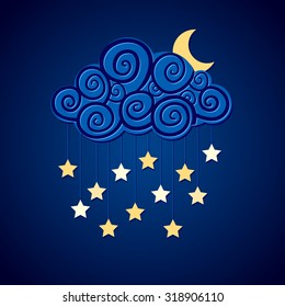 Vector cloud, moon and stars, illustration of the night sky