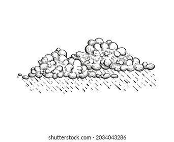 Vector cloud with rain, illustration in engraved style. Hand drawn gloomy cloud, pencil sketch. Raining weather element in sketch style, isolated on white background.