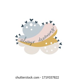 Nube vectorial con arco iris en estilo escandinavo de caricatura aislado en fondo blanco para los niños. Ilustración dibujada a mano para carteles, impresiones, tarjetas, tela, libros infantiles, diseño interior.
