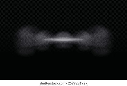 Vector cloud of smoke or fog with a horizontal shape on a dark checkered transparent background. Ethereal effect and transparent element, perfect for special effect graphics