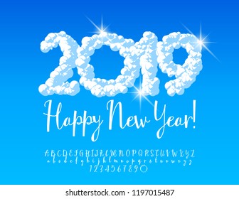 Vector Cloud snow Happy New Year 2019 greeting card. Calligraphic white Font. Beautiful Alphabet Letters