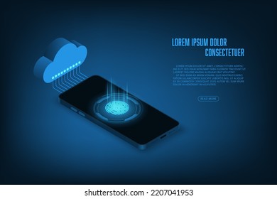 Vector cloud storage concepto futurista con smartphone. Fondo tecnológico abstracto.