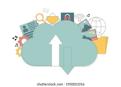 Vector. Cloud storage. Global hosting of server databases. A virtual place to store your multimedia, documents and music. Vector illustration isolated on white background.