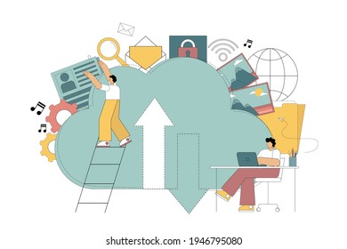 Vector. Cloud storage. A virtual place to store your multimedia, documents and music. Global hosting of server databases. Vector illustration isolated on white background.