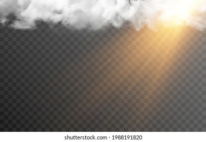 Vector Cloud With The Sun. Dawn, Sunrise, Light, Rays Of The Sun. Cloud, Smoke, Fog. PNG.