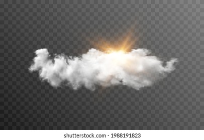 Vector Cloud With The Sun. Dawn, Sunrise, Light, Rays Of The Sun. Cloud, Smoke, Fog. PNG.