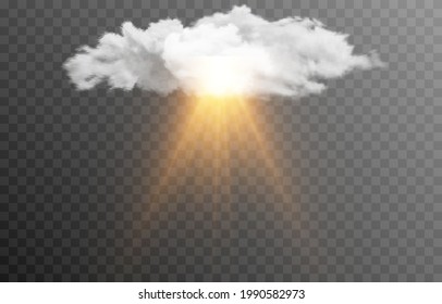 Vector cloud with the sun. Dawn, sunrise, light, rays of the sun. Cloud, smoke. PNG.