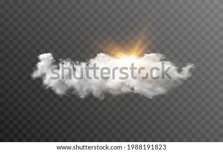 Vector cloud with the sun. Dawn, sunrise, light, rays of the sun. Cloud, smoke, fog. PNG.