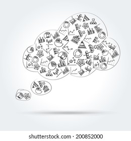 Vector cloud thought bubble consisting of hand drawn diagram icons.