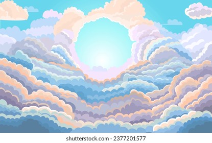 Vector clouds. Clouds all around, dawn. Lots of fluffy clouds. Vector cartoon illustration.