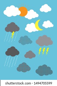 Vector Clouds cartoon set. icons and illustrations. Air, rain, lightning, day, night. 