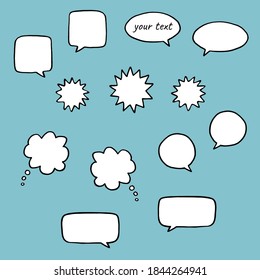 Vector clouds in doodle style. Cloud chat. Isolated vector clouds set for dialogue on blue background. Hand drawn.