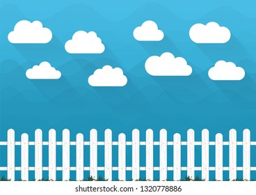Vector clouds and fence. Nature blue sky cartoon farm landscape illustration.