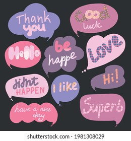 Vector clouds and hearts with lettering. Stickers with kind inscriptions. Colorful trendy letters of various shapes. Creative freehand drawing set. All elements are isolated