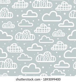 Vector clouds and polka dots hand-drawing seamless patterns. Cute clouds seamless pattern on a gray background. Cartoon background with dots, vector illustration