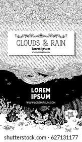 Vector clouds, rain and sea background. Doodles clouds, waves and underwater life. There is copy space for text on white paper in the sky and undersea black area. Colouring book for adults template.