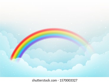 Vector clouds and rainbow on blue sky background for magic design