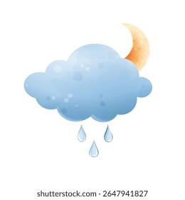 Nuvens vetoriais com gotas de chuva e crescente. Conjunto aquarela, isolado no branco	