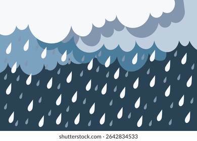 Vector clouds raining vibrant multicolor drops, minimal and modern cartoon weather illustration, seamless background for cute kids print design, pastel rain pattern for fabric or web graphics

