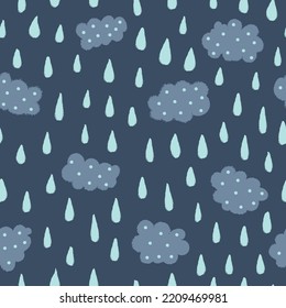 Vector clouds rainy weather navy seamless pattern