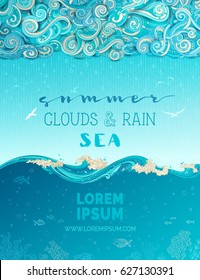 Vector clouds and sea background. Doodles clouds and rain, waves and underwater life. Hand-drawn swirls, spirals, drops, strokes and curls. There is copy space for your text in the sky and undersea.