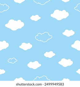 Patrón sin fisuras de nubes de Vector sobre fondo azul Textura repetible de nubes de dibujos animados en estilo retro. Clouds Set en Flat y Outline Style Clouds Pattern para impresión, envoltura, tela textil, usos de Web.