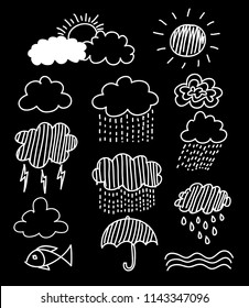 Vector Clouds set. hand drawn icons and illustrations. Black and white.