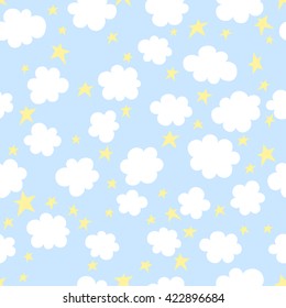 Vector clouds, stars, moon. Illustration doodle style. Printing on fabric. Seamless pattern