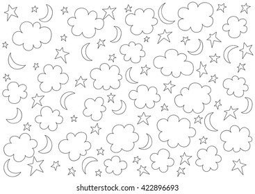 Vector clouds, stars, moon. Illustration doodle style. Printing on fabric