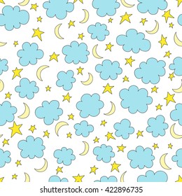 Vector clouds, stars, moon. Illustration doodle style. Printing on fabric. Seamless pattern