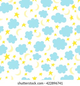 Vector clouds, stars, moon. Illustration doodle style. Printing on fabric. Seamless pattern