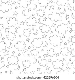 Vector clouds, stars, moon. Illustration doodle style. Printing on fabric. Seamless pattern