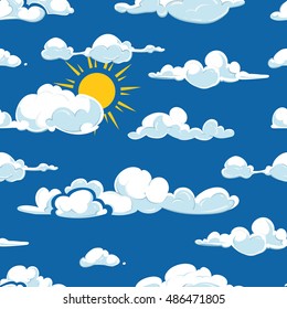Vector clouds weather seamless pattern. Background blue sky with sun illustration