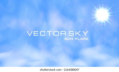 Vector cloudy blue sky with bright sun radiant flare. Round solar glare