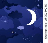 Vector cloudy night sky seamless pattern. Big moon in thick clouds, many small shining stars. Cute baby print. Cartoon natural background. Art for children