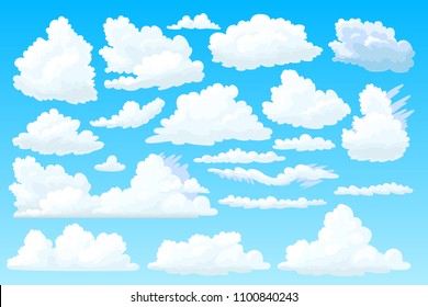 vector cloudy sky, heaven space. White cartoon fluffy clouds set. Cumulus, cumulonimbus, cloudscape template. 2d design air smoke elements art. Weather outdoor fun banner on blue panorama background