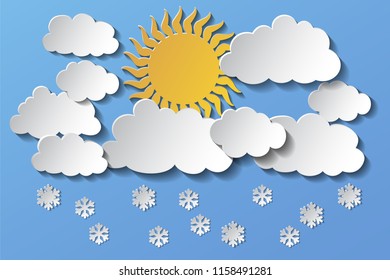 Vector cloudy sky and snow, sun behind clouds. The background is made in paper style. Eps 10