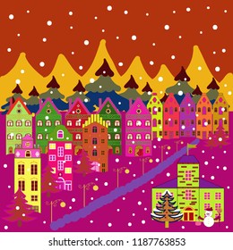 Vector. Cloudy winter landscape. Christmas illustration on orange, magenta and yellow colors. Mountain landscape. Winter.