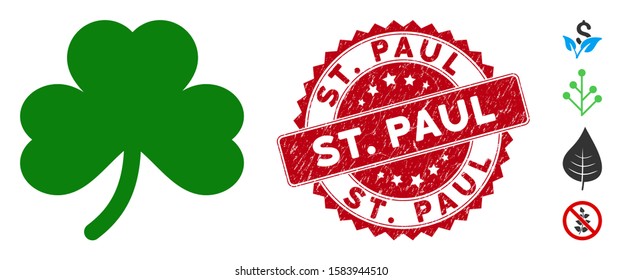 Vector clover leaf icon and grunge round stamp watermark with St. Paul text. Flat clover leaf icon is isolated on a white background. St. Paul seal uses red color and grunge surface.